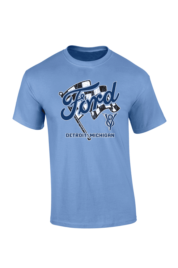 Black and White Checkered Flag Ford Detroit, MI Short-Sleeve Mens T-Shirt-Carolina Blue-medium