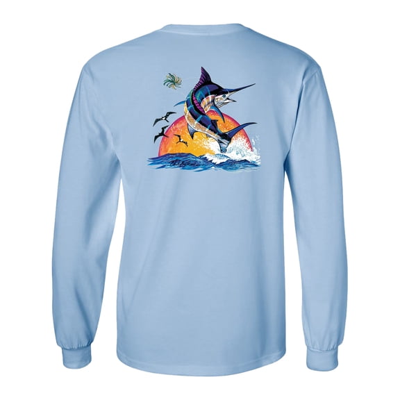 Trenz Shirt Company Blue Marlin Sunset Unisex Long Sleeve Shirt -Light Blue-small