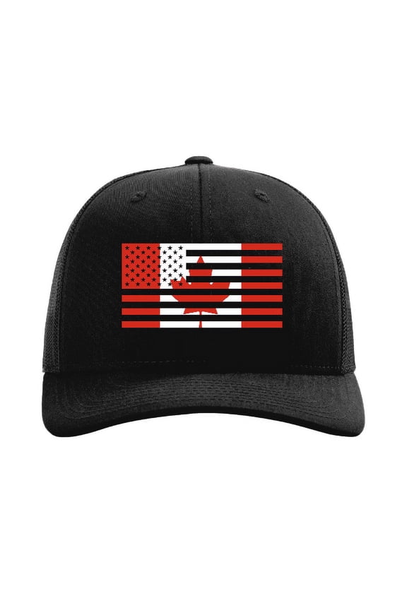 Canada USA Flag Mesh Back Trucker Hat-Black/Black