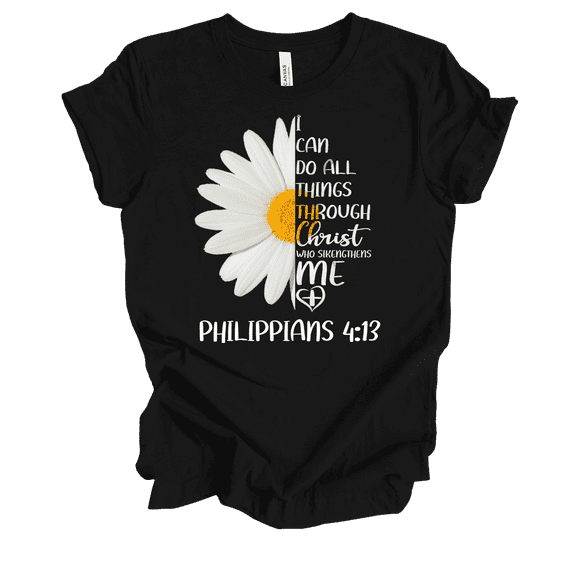 Trenz Shirt Company Christ Who Strengthens Me Philippians 4:13 Womens Christian Daisy Short Sleeve T-shirt-Black-4xl