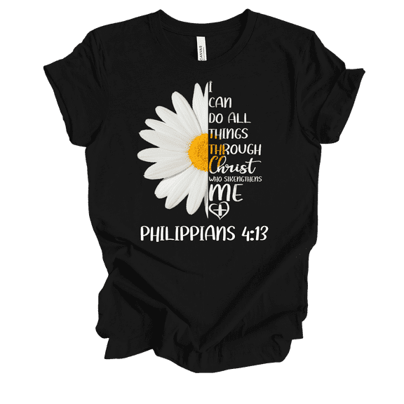 Trenz Shirt Company Christ Who Strengthens Me Philippians 4:13 Womens Christian Daisy Short Sleeve T-shirt-Black-5xl