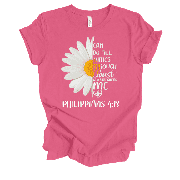 Trenz Shirt Company Christ Who Strengthens Me Philippians 4:13 Womens Christian Daisy Short Sleeve T-shirt-Charity Pink-xl