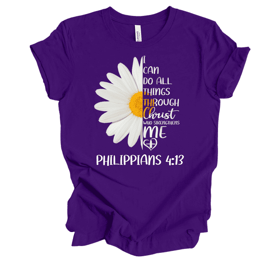 Trenz Shirt Company Christ Who Strengthens Me Philippians 4:13 Womens Christian Daisy Short Sleeve T-shirt-Purple-medium
