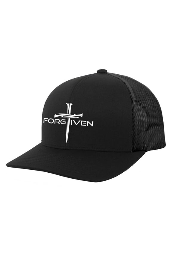 Christian Forgiven Cross Embroidered Mens Adjustable Snapback Mesh Back Trucker Hat, Black/Black