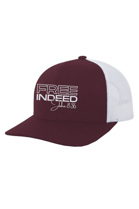Christian Free Indeed John 8:36 Embroidered Mens Adjustable Snapback Mesh Back Trucker Hat, Maroon/White