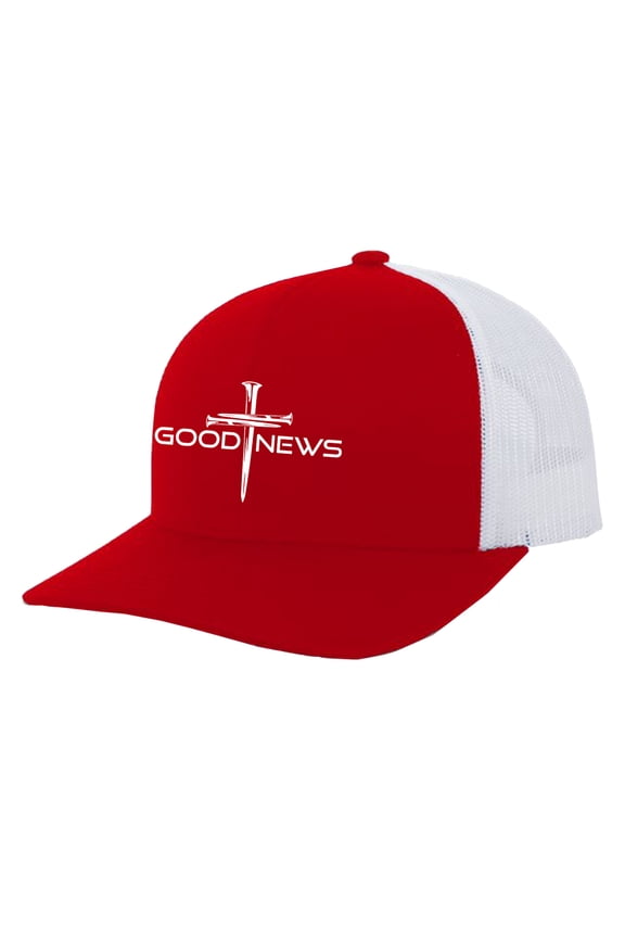 Christian Good News Cross Embroidered Mens Adjustable Snapback Mesh Back Trucker Hat, Red/White