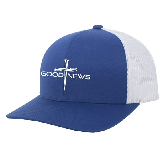 Trenz Shirt Company Christian Good News Cross Embroidered Mens Adjustable Snapback Mesh Back Trucker Hat, Royal/White
