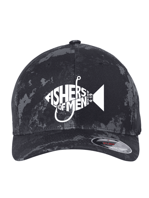Christian Jesus Fishers of Men Matthew 4:19 Mens Embroidered Cotton Blend Stretch Fit Hat, Poseidon Black, Small/Medium