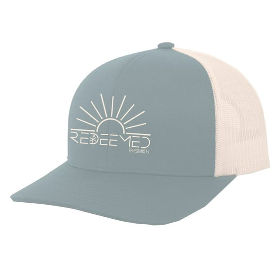 Trenz Shirt Company Christian Redeemed Sun Ephesians 1:7 Embroidered Mens Adjustable Snapback Mesh Back Trucker Hat, Blue/Beige