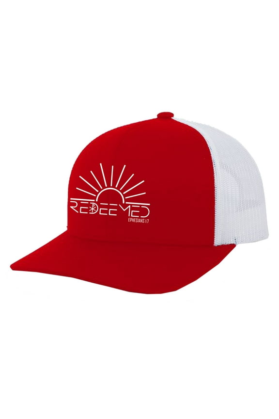 Christian Redeemed Sun Ephesians 1:7 Embroidered Mens Adjustable Snapback Mesh Back Trucker Hat, Red/White