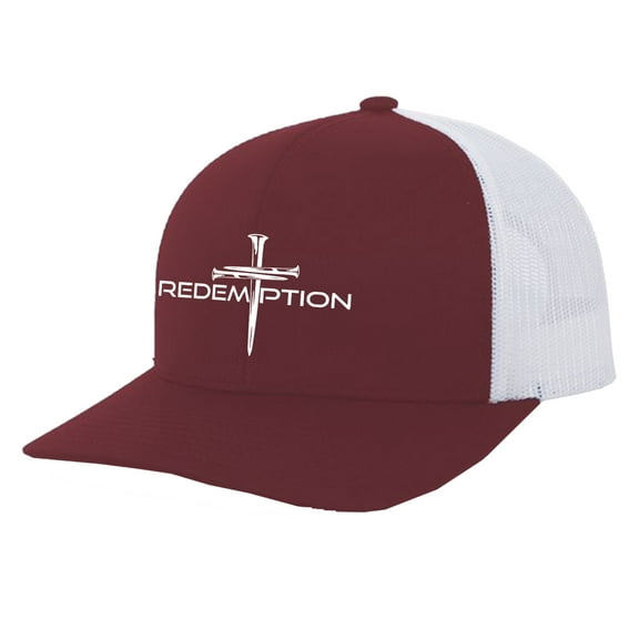 Trenz Shirt Company Christian Redemption Cross Embroidered Mens Adjustable Snapback Mesh Back Trucker Hat, Maroon/White
