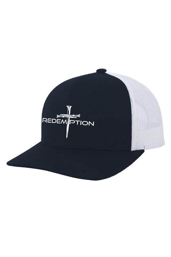Christian Redemption Cross Embroidered Mens Adjustable Snapback Mesh Back Trucker Hat, Navy/White