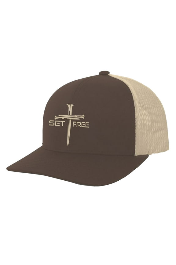 Christian Set Free Cross Embroidered Mens Adjustable Snapback Mesh Back Trucker Hat, Brown/Khaki