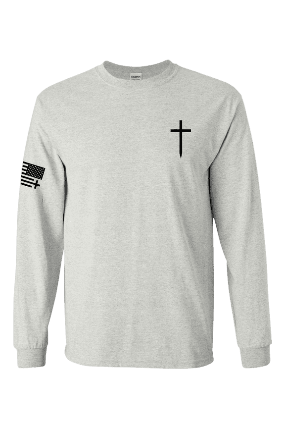 Christian Shirt Faith Cross Crest American Flag Mens Long-Sleeve Graphic T-Shirt-Ash-medium