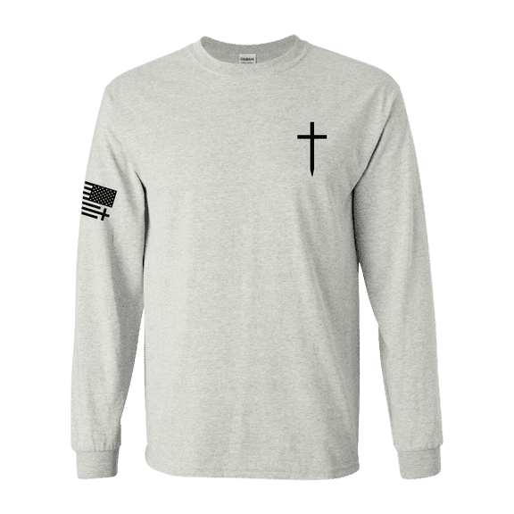 Trenz Shirt Company Christian Shirt Faith Cross Crest American Flag Mens Long-Sleeve Graphic T-Shirt-Ash-small