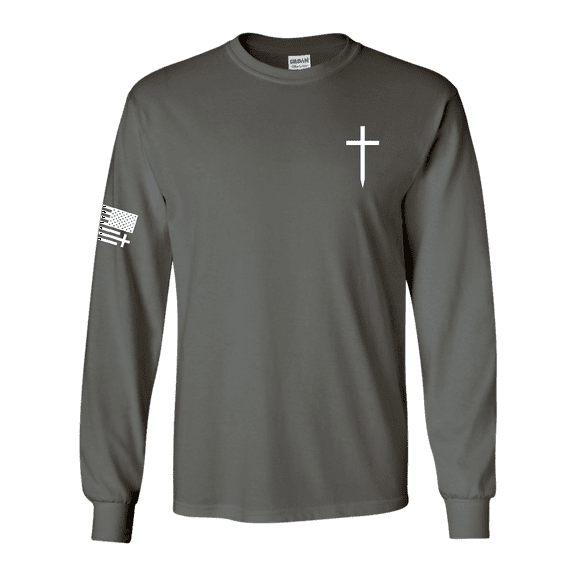 Trenz Shirt Company Christian Shirt Faith Cross Crest American Flag Mens Long-Sleeve Graphic T-Shirt-Charcoal-small