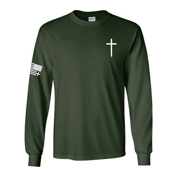 Trenz Shirt Company Christian Shirt Faith Cross Crest American Flag Mens Long-Sleeve Graphic T-Shirt-Forest-medium