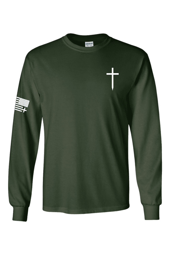 Christian Shirt Faith Cross Crest American Flag Mens Long-Sleeve Graphic T-Shirt-Forest-medium