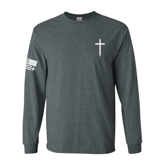 Trenz Shirt Company Christian Shirt Faith Cross Crest American Flag Mens Long-Sleeve Graphic T-Shirt-Heather Grey-small