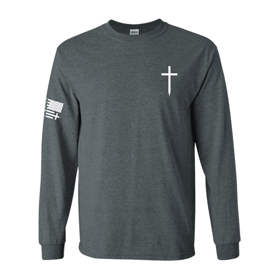 Trenz Shirt Company Christian Shirt Faith Cross Crest American Flag Mens Long-Sleeve Graphic T-Shirt-Heather Grey-xl