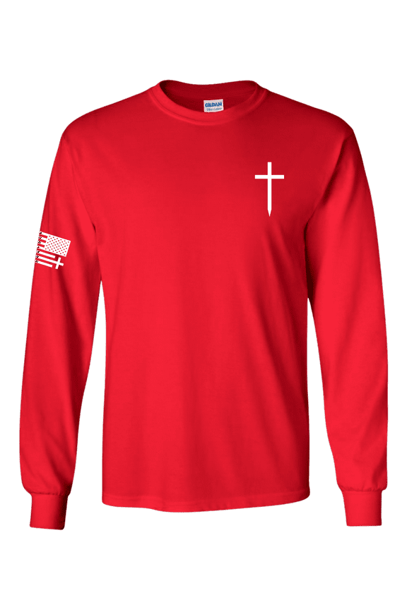 Christian Shirt Faith Cross Crest American Flag Mens Long-Sleeve Graphic T-Shirt-Red-5xl