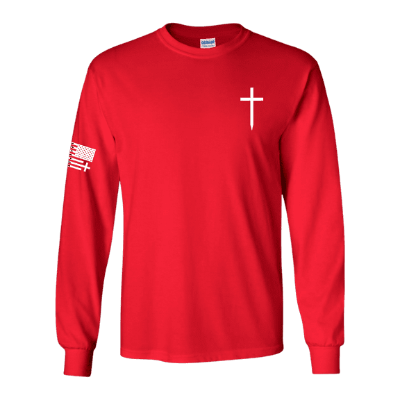 Trenz Shirt Company Christian Shirt Faith Cross Crest American Flag Mens Long-Sleeve Graphic T-Shirt-Red-medium