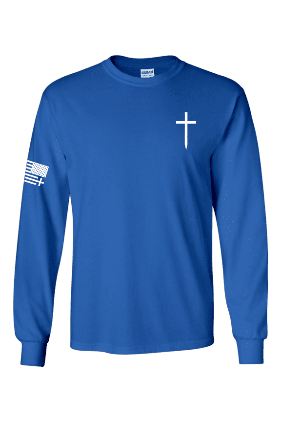Christian Shirt Faith Cross Crest American Flag Mens Long-Sleeve Graphic T-Shirt-Royal-medium