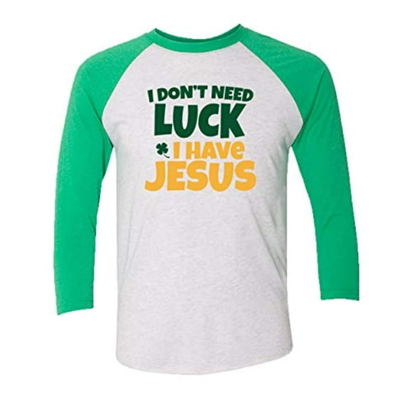 Trenz Shirt Company Christian St. Patrick's Day I Have Jesus Ladies Baseball Tee-Green/Heather White-Medium