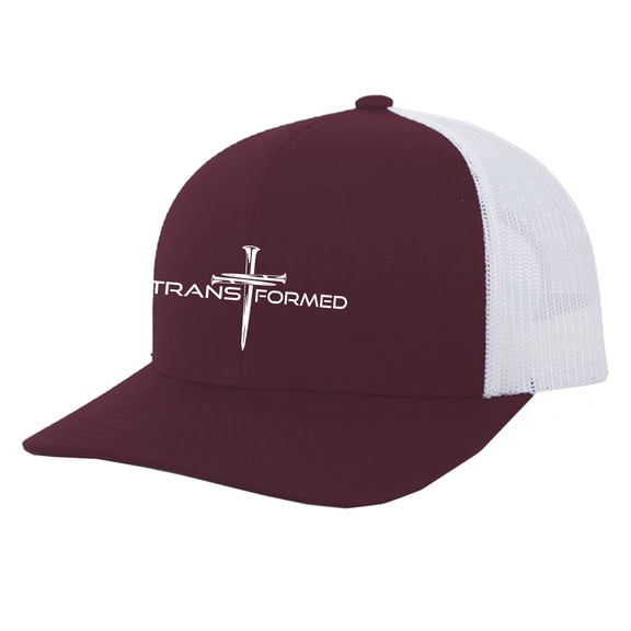 Trenz Shirt Company Christian Transformed Cross Embroidered Mens Adjustable Snapback Mesh Back Trucker Hat, Maroon/White