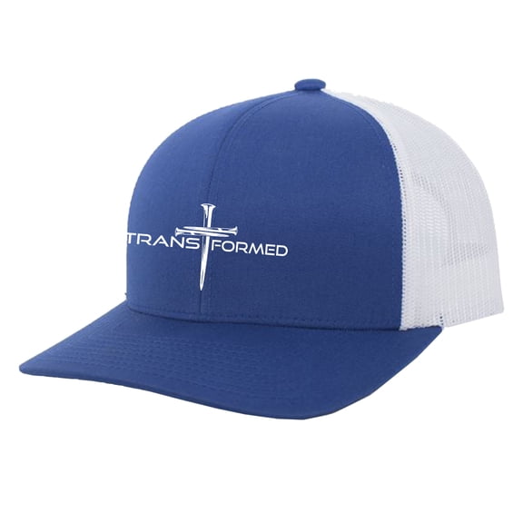 Trenz Shirt Company Christian Transformed Cross Embroidered Mens Adjustable Snapback Mesh Back Trucker Hat, Royal/White
