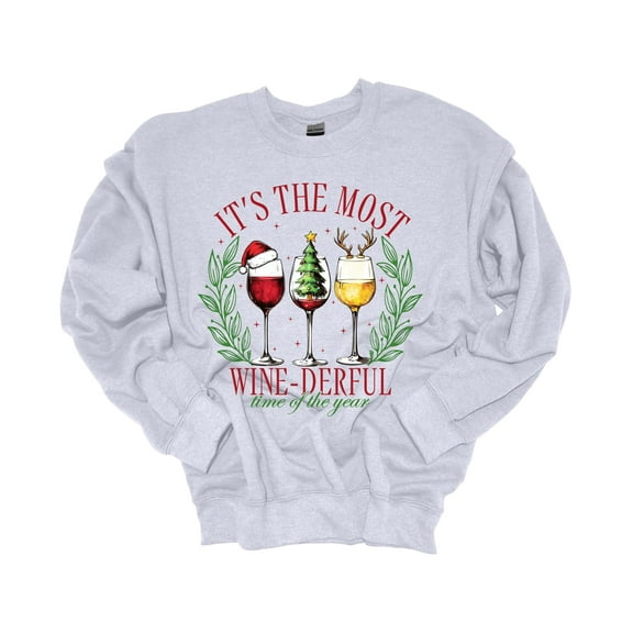 Trenz Shirt Company Christmas Sweatshirt It's The Most Wine-Derful Time of the Year Crewneck Sweatshirt-Ash Grey-4xl