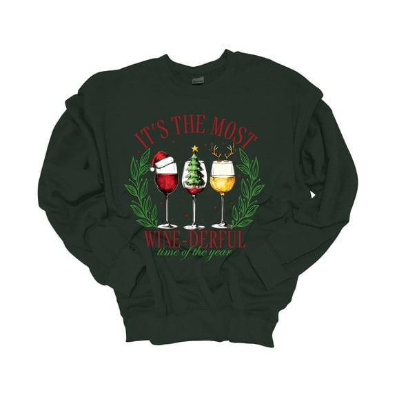 Trenz Shirt Company Christmas Sweatshirt It's The Most Wine-Derful Time of the Year Crewneck Sweatshirt-Forest Green-xxl
