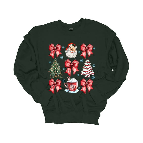 Trenz Shirt Company Christmas Sweatshirt Santa Claus Tree Cake Bows Coquette Christmas Crewneck Sweatshirt-Forest Green-small