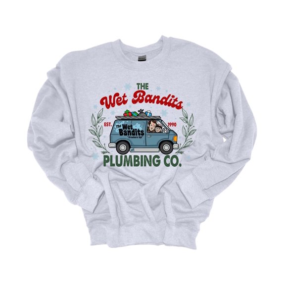 Trenz Shirt Company Christmas Sweatshirt Wet Bandits Plumbing Co. Crewneck Sweatshirt-Ash Grey-small