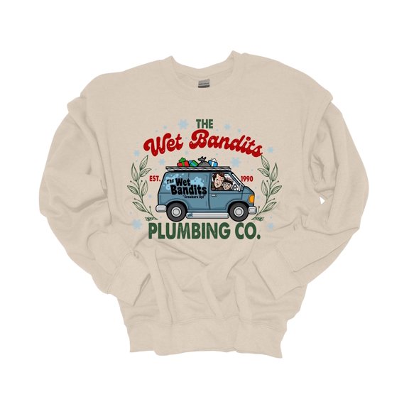 Trenz Shirt Company Christmas Sweatshirt Wet Bandits Plumbing Co. Crewneck Sweatshirt-Sand-small