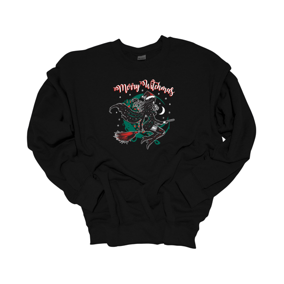 Trenz Shirt Company Christmas Witch Riding A Broom Merry Witchmas Crewneck Sweatshirt-Black-large