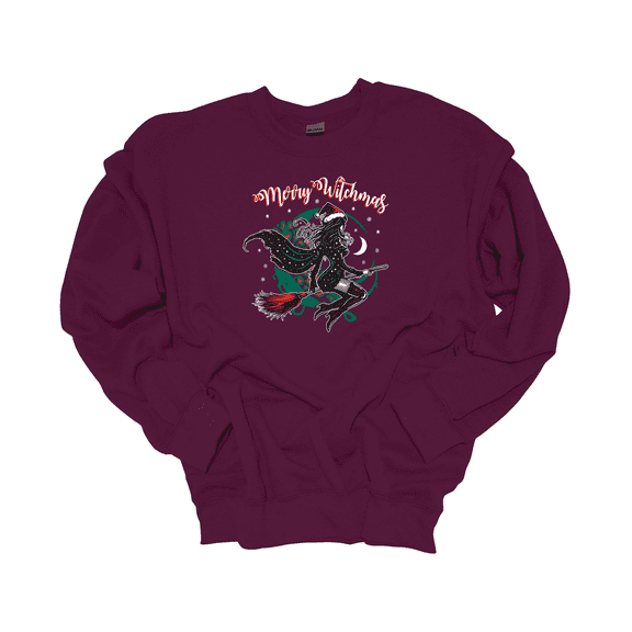 Trenz Shirt Company Christmas Witch Riding A Broom Merry Witchmas Crewneck Sweatshirt-Maroon-xl