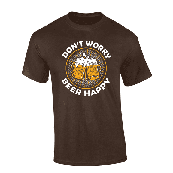 Trenz Shirt Company Clinking Cups Don't Worry Beer Happy Short Sleeve Mens Graphic T-Shirt-Brown-large