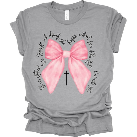 Trenz Shirt Company Coquette Bow With Cross Proverbs 31:25 Short Sleeve T-shirt-Athletic Heather-XX-Large