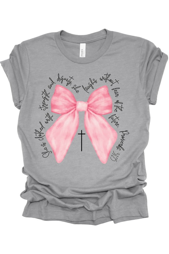 Coquette Bow With Cross Proverbs 31:25 Short Sleeve T-shirt-Athletic Heather-XX-Large