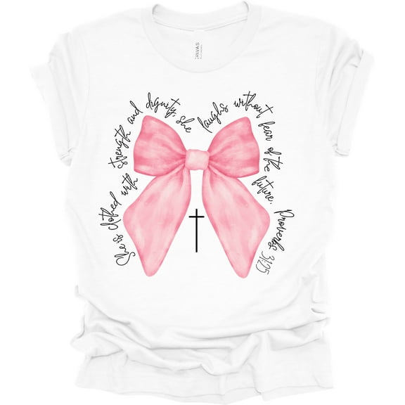 Trenz Shirt Company Coquette Bow With Cross Proverbs 31:25 Short Sleeve T-shirt-White-Small