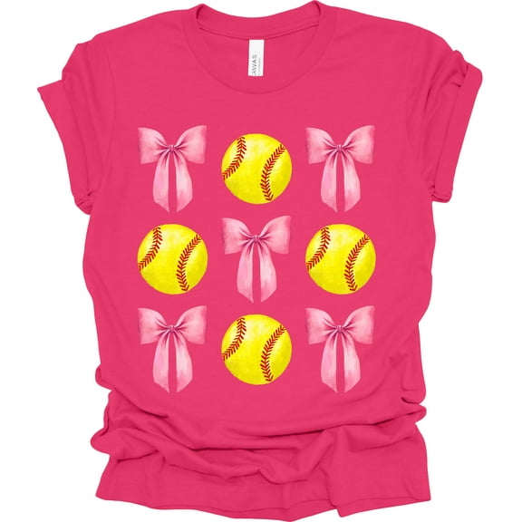 Trenz Shirt Company Coquette Softball and Bows Womens Short Sleeve T-shirt-Fuchsia-Small
