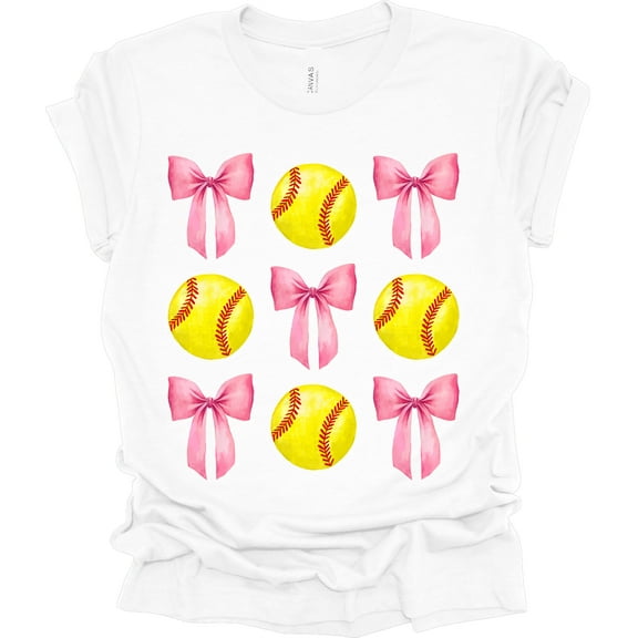 Trenz Shirt Company Coquette Softball and Bows Womens Short Sleeve T-shirt-White-Small
