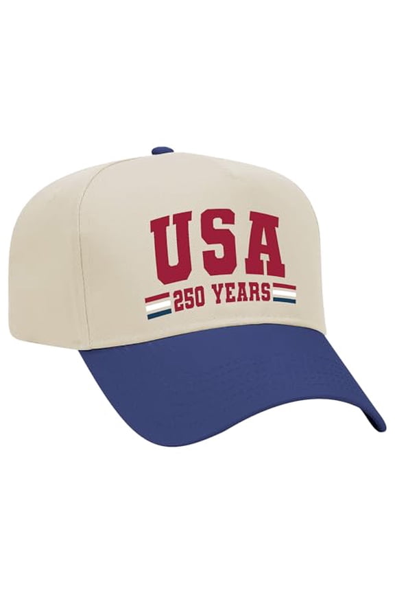 Embroidered Otto Hat 5 Panel Mid Profile – USA 250 Years Design, Natural/Royal