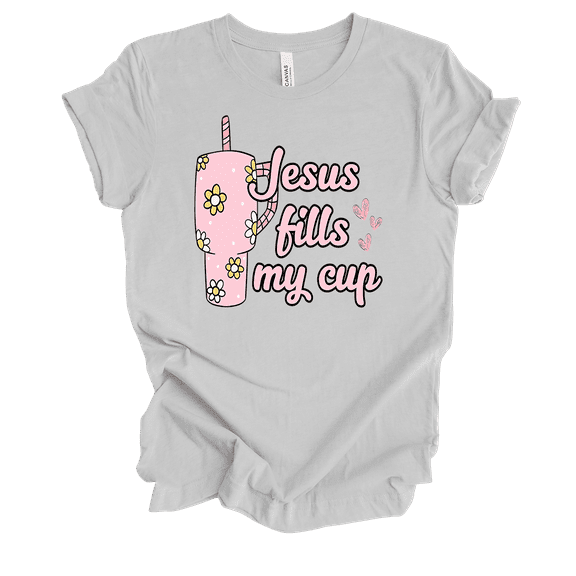 Trenz Shirt Company Fear Not Flowered Jesus Fills My Cup Womens Christian Short Sleeve T-shirt-Athletic Grey-medium