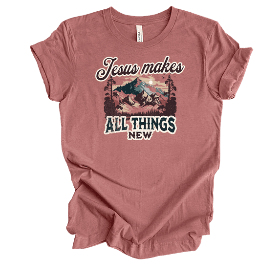 Trenz Shirt Company Fear Not Jesus Makes All Things New Mountain View Womens Christian Short Sleeve T-shirt-Heather Mauve-small