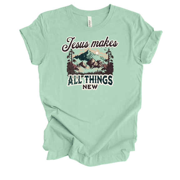 Trenz Shirt Company Fear Not Jesus Makes All Things New Mountain View Womens Christian Short Sleeve T-shirt-Mint-medium