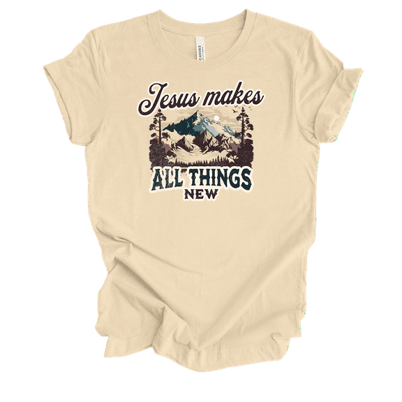 Trenz Shirt Company Fear Not Jesus Makes All Things New Mountain View Womens Christian Short Sleeve T-shirt-Soft Cream-medium