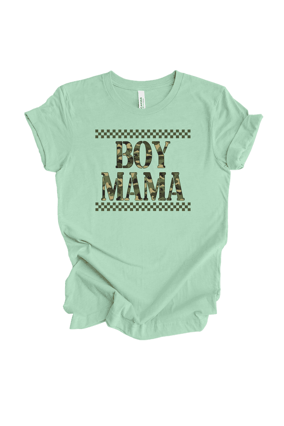 Fear Not Womens Cute Camo Checker Print Mama Boy Short Sleeve T-Shirt-Mint-X-Large