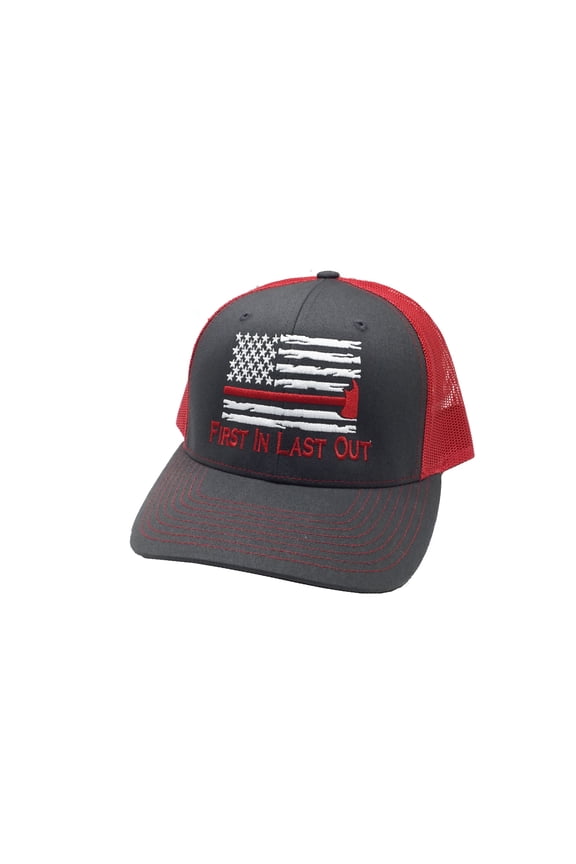 Firefighter Axe Flag Trucker Hat, First In Last Out